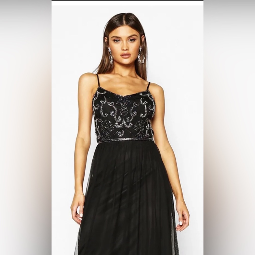 NWT black sequen and tulle formal maxi dress